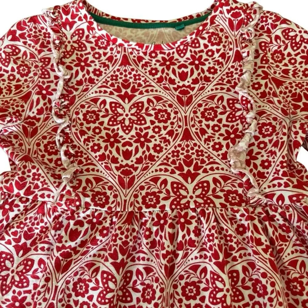 Mini Boden | Scandinavian Folk Floral Dress Red White Ruffle Tiered | Girls 9-10